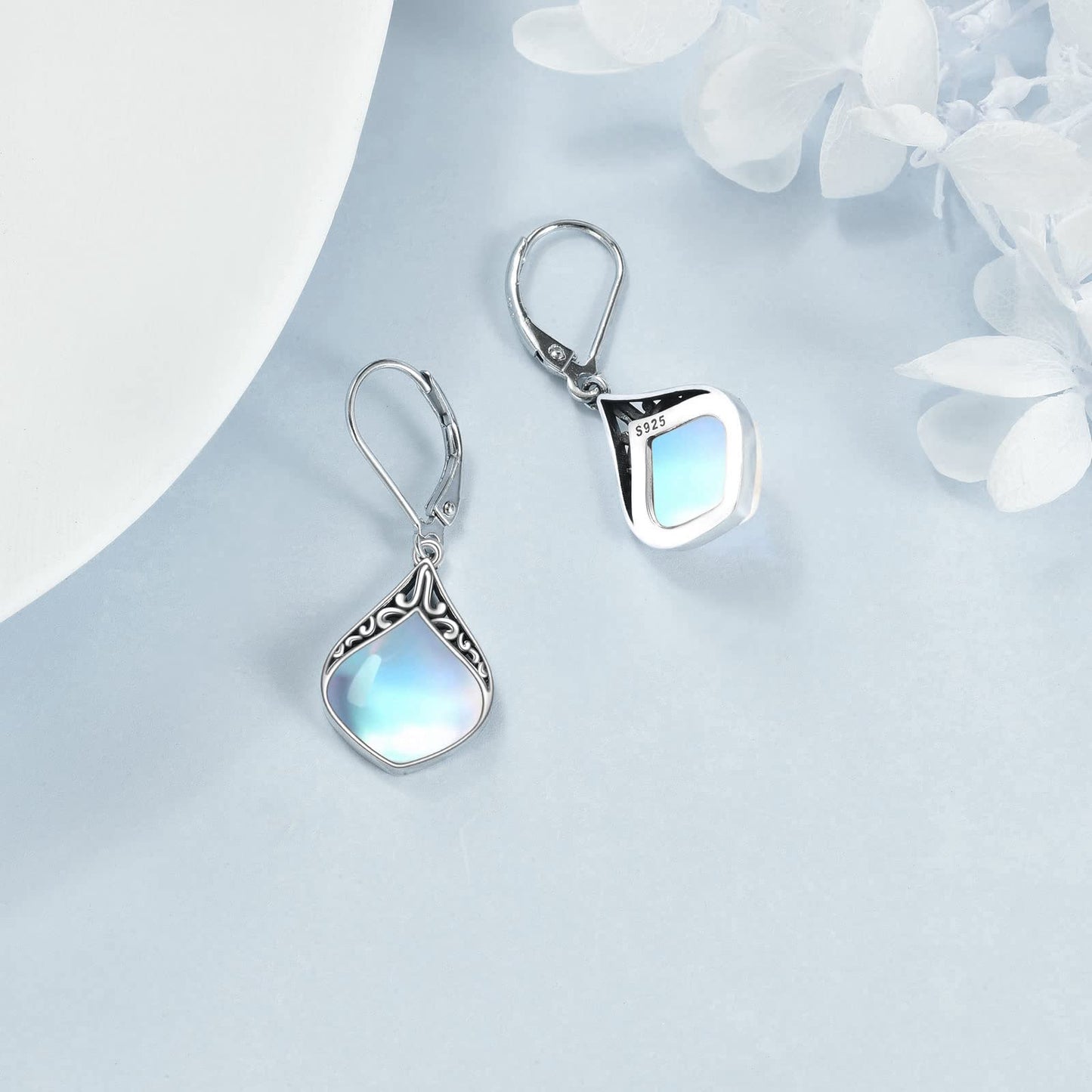 Teardrop Earrings Gifts Sterling Silver Filigree Irish Celtic Teardrop Drop Earrings Jewelry Gifts For Women(Oxidized moonstone teardrop earrings)