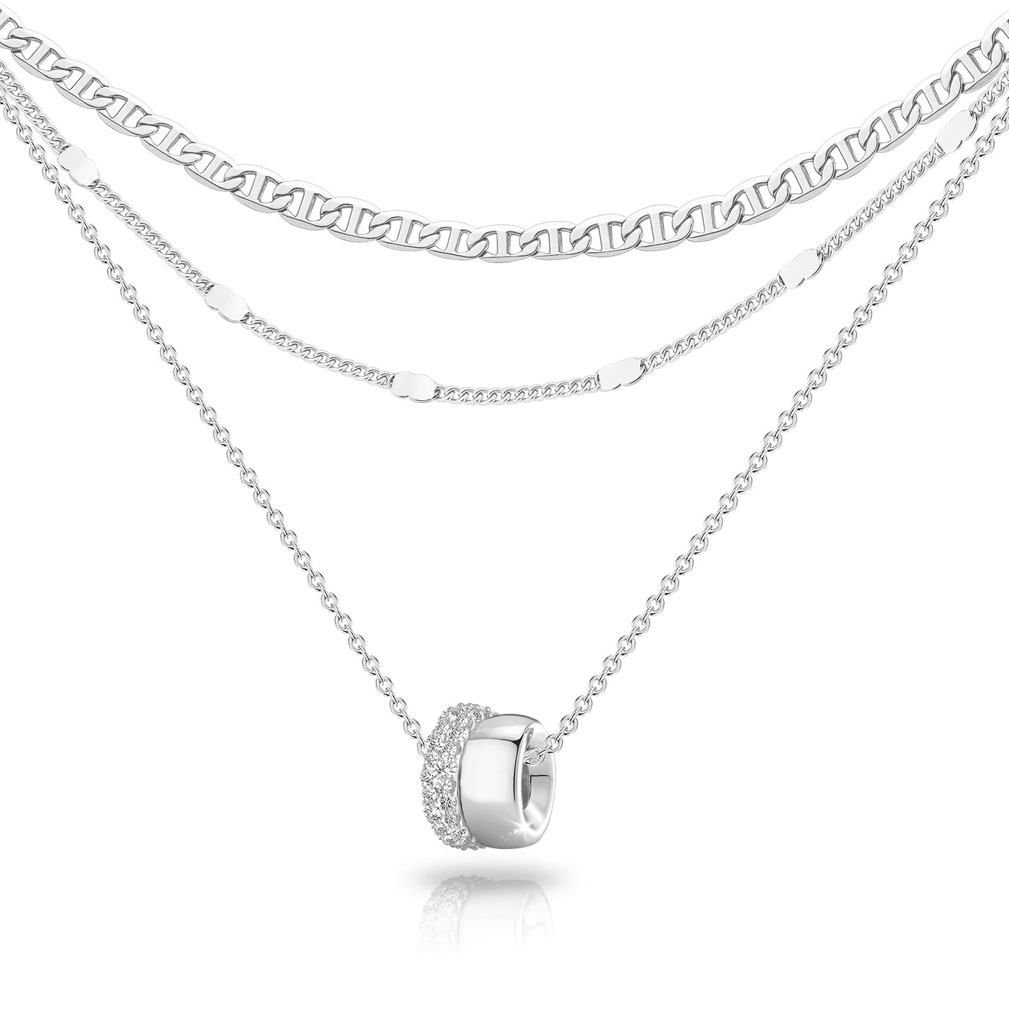 OGD Layered Necklaces for Women Silver Plated Trendy Mariner Chain Dainty Circle Rondelle Pendant Choker Necklace for Women Two-Toned Cubic Zirconia Silver Necklace Stack Hypoallergenic