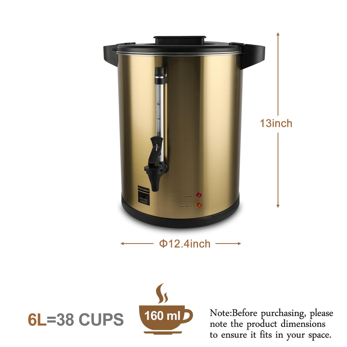 Perossia 6L Coffee Urn, Hot Beverage Dispenser, Hot Water Urn, Commercial Grade Double Wall Stainless Steel, Electric Coffee Percolator, Large Coffee Maker for Party, Home, Catering, 38-Cup,Gold Color