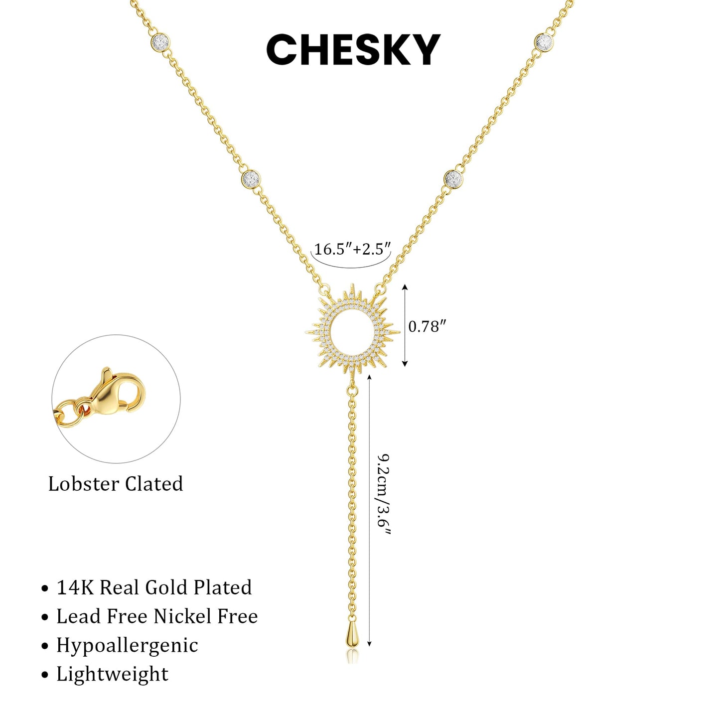 CHESKY 14K Gold Plated Lariat Long Necklace for Women Trendy Layered Y Necklace Dainty CZ Sun Pendant Drop Necklace Sparkle Trendy Jewelry