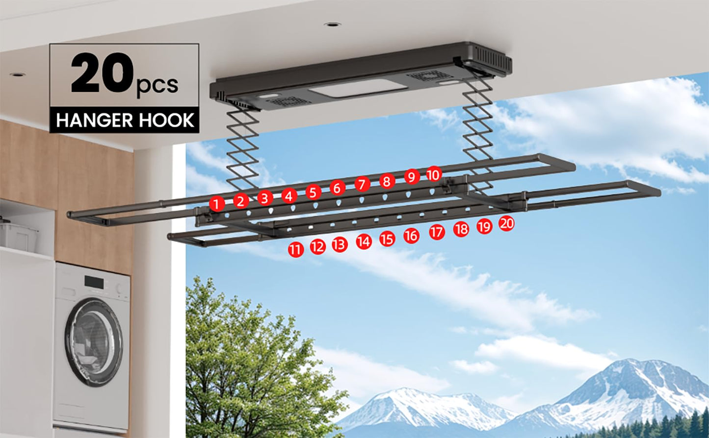 Ouayrhea Ceiling Mounted Clothes Electric Ceiling Drying Rack 110V-120V, Ceiling Clothesline with Built-in Timer Heater,withDrying/Remote and Light 24W for Laundry/Indoors/Garage