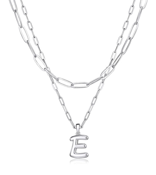 adoyi Silver Initial Necklace for Women 14k Gold Plated Layered Bubble Letter Necklaces Trendy Jewelry Chain Name E Pendant Necklace Stack Birthday Valentines Gifts