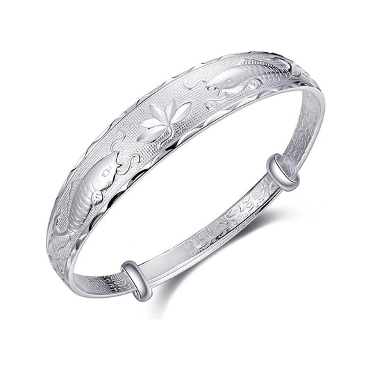925 Sterling Silver Vintage Bangles for Women Antique Ethnic Style Cuff Bangle Bracelets Boho Adjustable Floral Engraved Texture Open Cuff Bracelet Lotus Lucky Bangles for Mom Wife Birthday Christmas