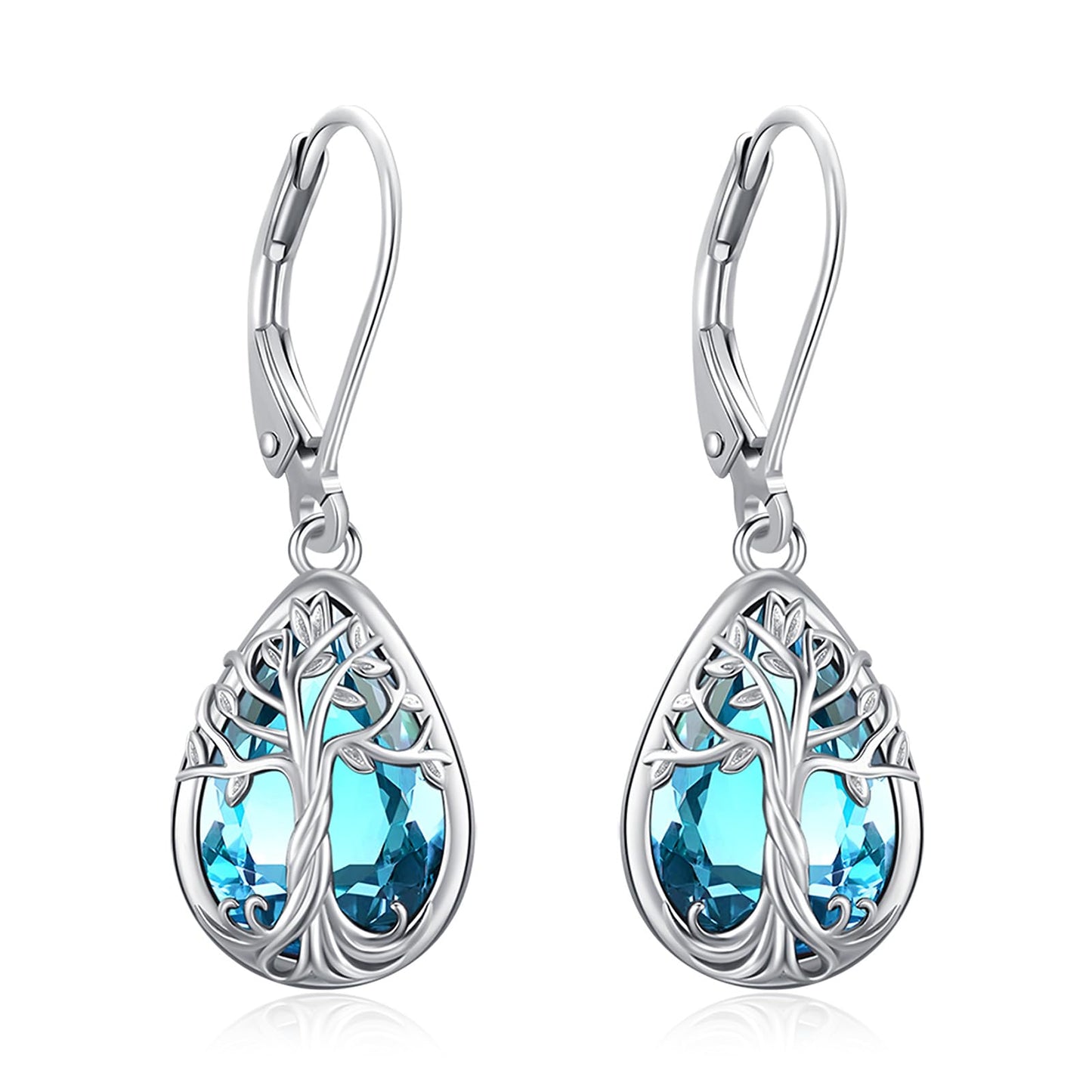 Eusense Sterling Silver Teardrop Dangle Birthstone Aquamarine Earrings Leverback Tree of Life Earrings for Women Sterling Silver Jewelry Gift Everyday Wear