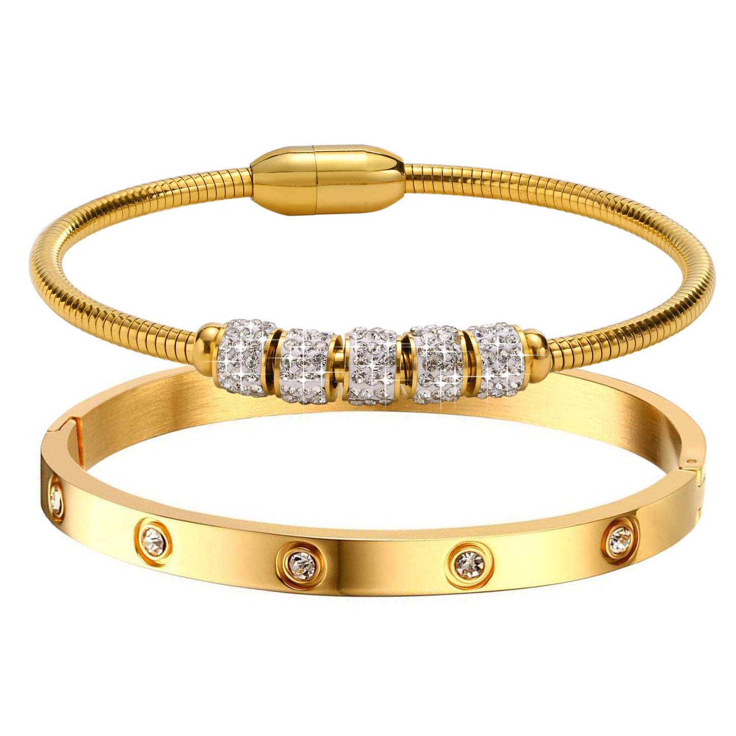 MPRAINBOW Gold Bracelets for Women, 2Pcs 18K Gold Plated Cubic Zirconia Bangle Crystal Friendship Bracelet Jewelry,Wedding Party Christmas Birthday Gift for Girlfriend Sister Daughter