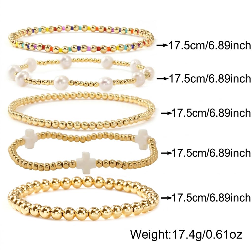Bohxantium 14K Gold Beaded White Cross Bracelets for Women Dainty Pearl Colorful Seed Beads Stretch Stackable Non Tarnish Bracelet Stack Boho Christian Jewelry Accessories Birthday Prom Friendship Gift