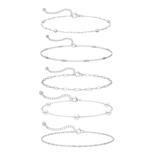 14K Silver Plated Dainty Pearl Bracelets for Women, Paperclip Chain Bracelet Stack for Women Waterproof Small Simple Cute Beaded Bracelet Set Silver Plated Pearl Jewelry Set Thin Prom Wedding Jewelry