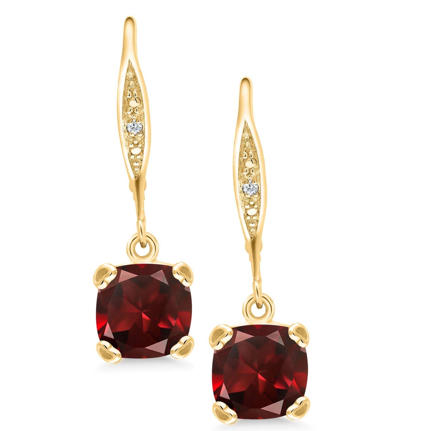Gem Stone King Drop Dangle Earrings For Women | 7MM Cushion Cut Gemstone Birthstone and Diamond | 925 Sterling Silver | Jewelry Gift for Mom Wife Her | Garnet-January | Yellow Gold