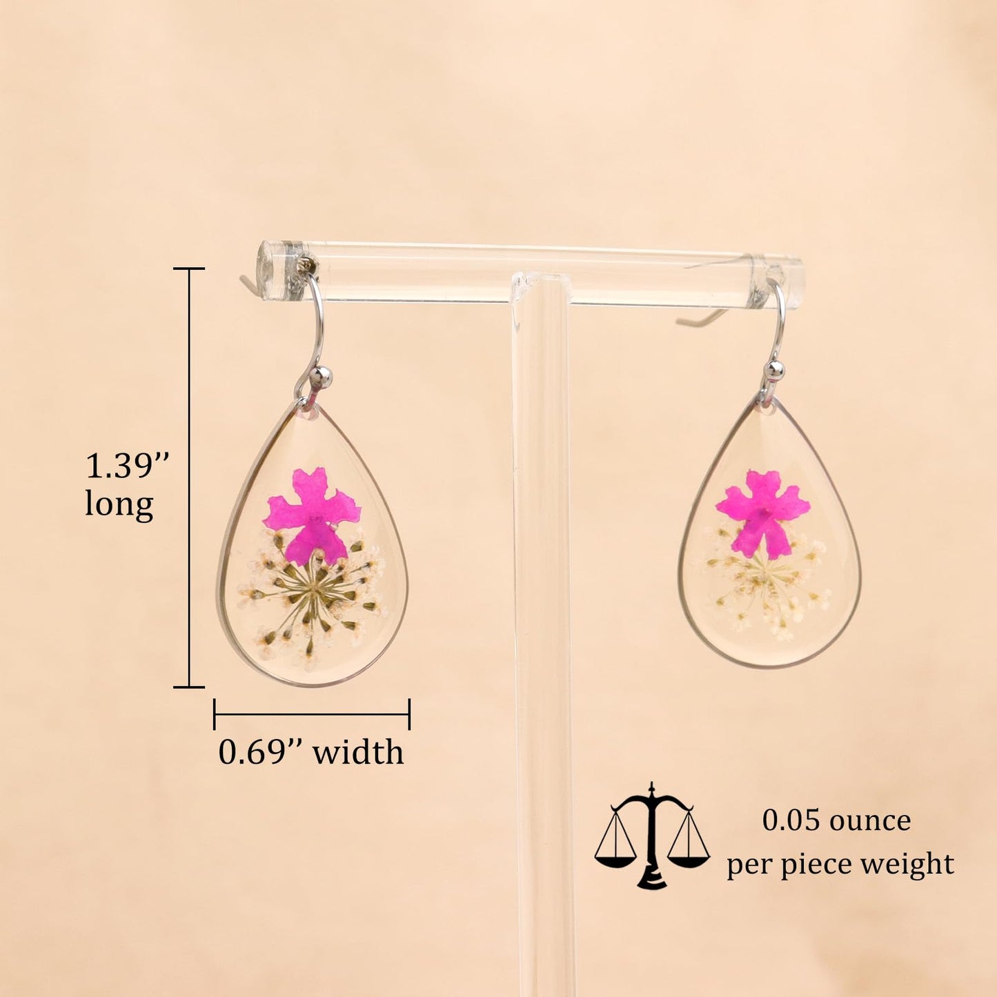 Jean Beau Handmade Pressed Flower Earrings for Women, Unique Resin Purple Dried Flowers Sterling Silver Teardrop Dangle Drop Nature Floral Earings Fashion Summer Jewelry Gift