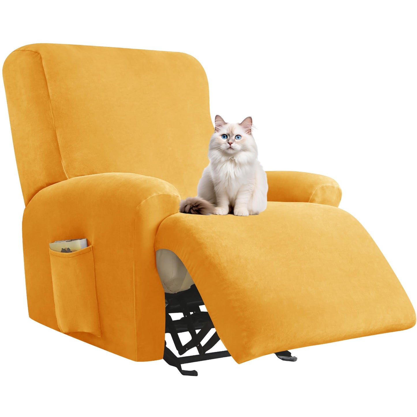 Deisy Dee 4-Piece, 1 Seat Recliner Cover, Soft Velvet Recliner Chair Covers- Stay-in-Place Slipcovers for Recliner Chair (Yellow)
