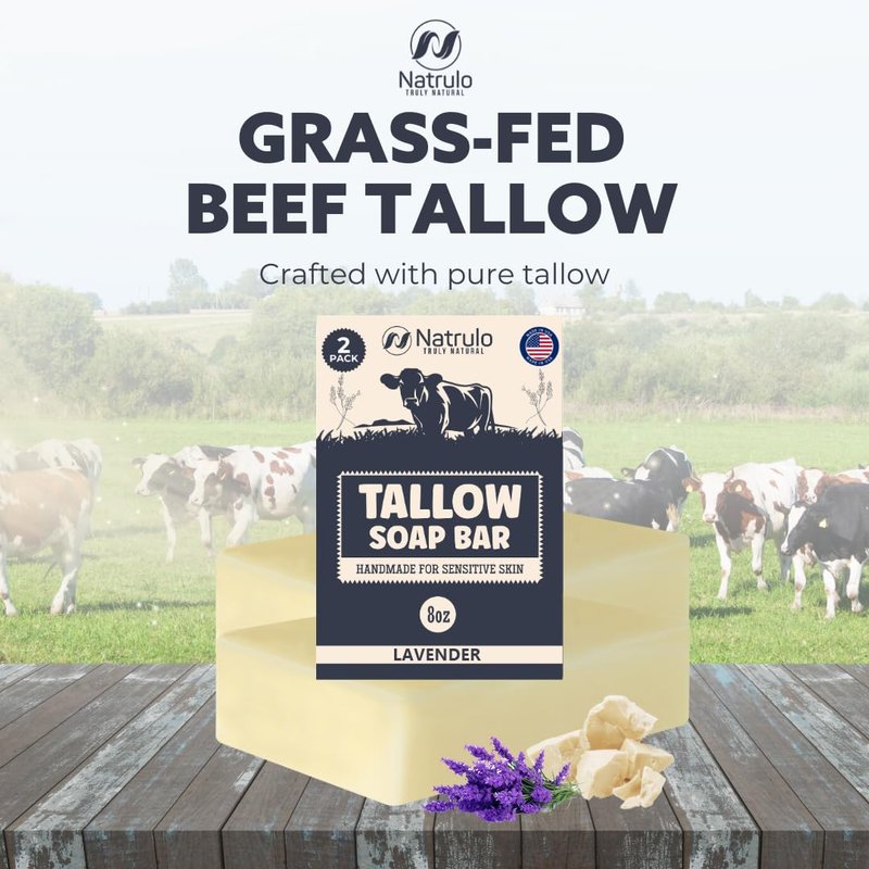 Beef Tallow Soap Bar – All Natural Grass Fed Tallow Soap Lavender – Moisturizing Face & Body Wash Great for Eczema, Dry, Itchy, Sensitive Skin – Handcrafted Bath Soap for Adults, Kids, Made in USA