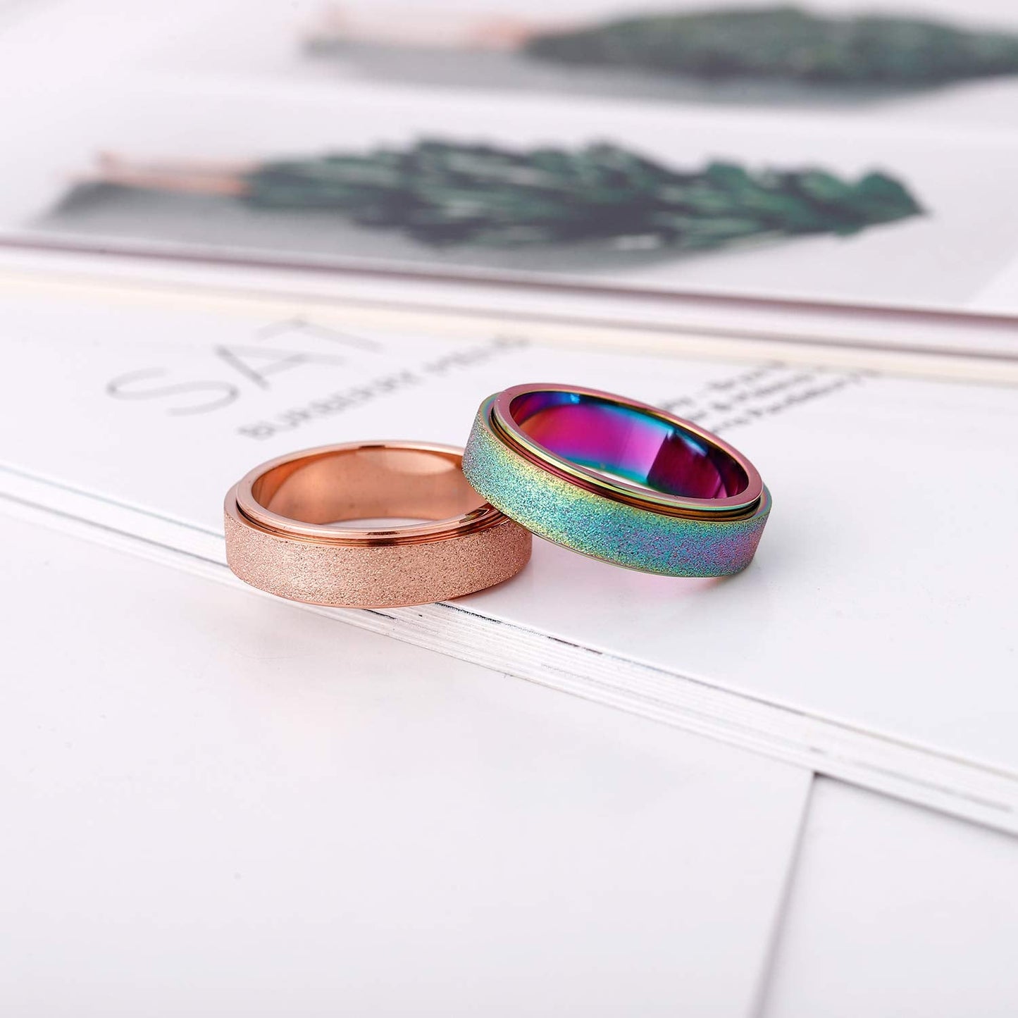 OreilleStar Anxiety Ring for Women Fidget Spinner Ring Fidget Toys Adults Titanium Stainless Steel Thumb Ring 6mm Wide Rose Gold Size 9