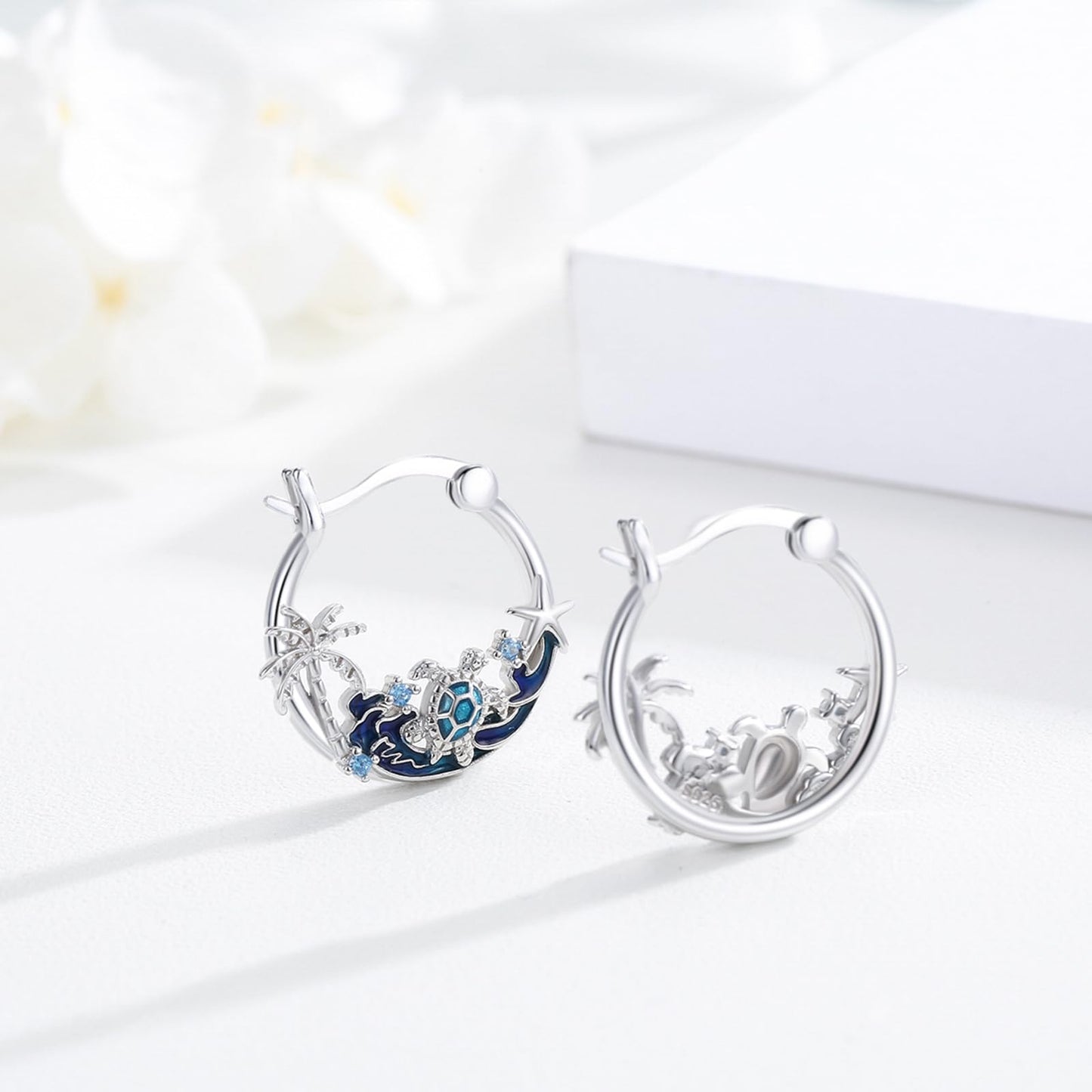 JUSTKIDSTOY Sea Turtle Earrings 925 Sterling Silver Ocean Hoop Earrings Wave Palm Tree Starfish Earrings Beach Themed Jewelry Turtle Graduation Gifts for Women Daughter Her