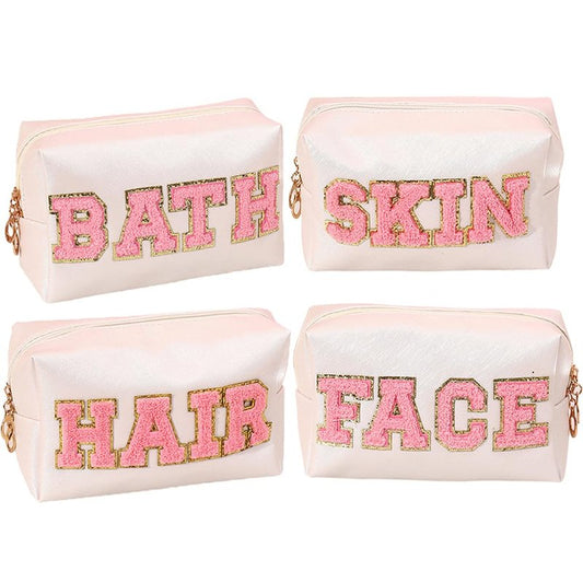 Kaxich 4 Pcs Preppy Patch Makeup Bag, Chenille Letter Cosmetic Bag with Zipper, PU Leather Toiletry Bag Skincare Bag Travel Makeup Pouch for Makeup Washing Nursing, Face Hair Skin Bath Makeup Bag