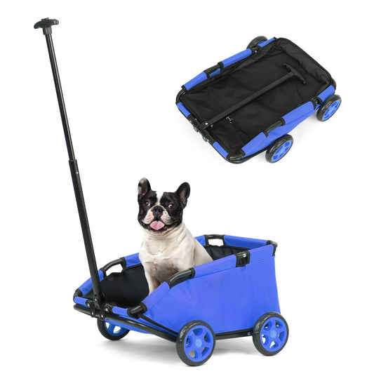 AESRAOU Mini Dog Strollers for Mini Pets, Foldable Multifunctional Shopping Carts with Extendable Pull Handle, Doggie Wagon Built-in Cushion and Safety Rope with Storage Bag (Blue)
