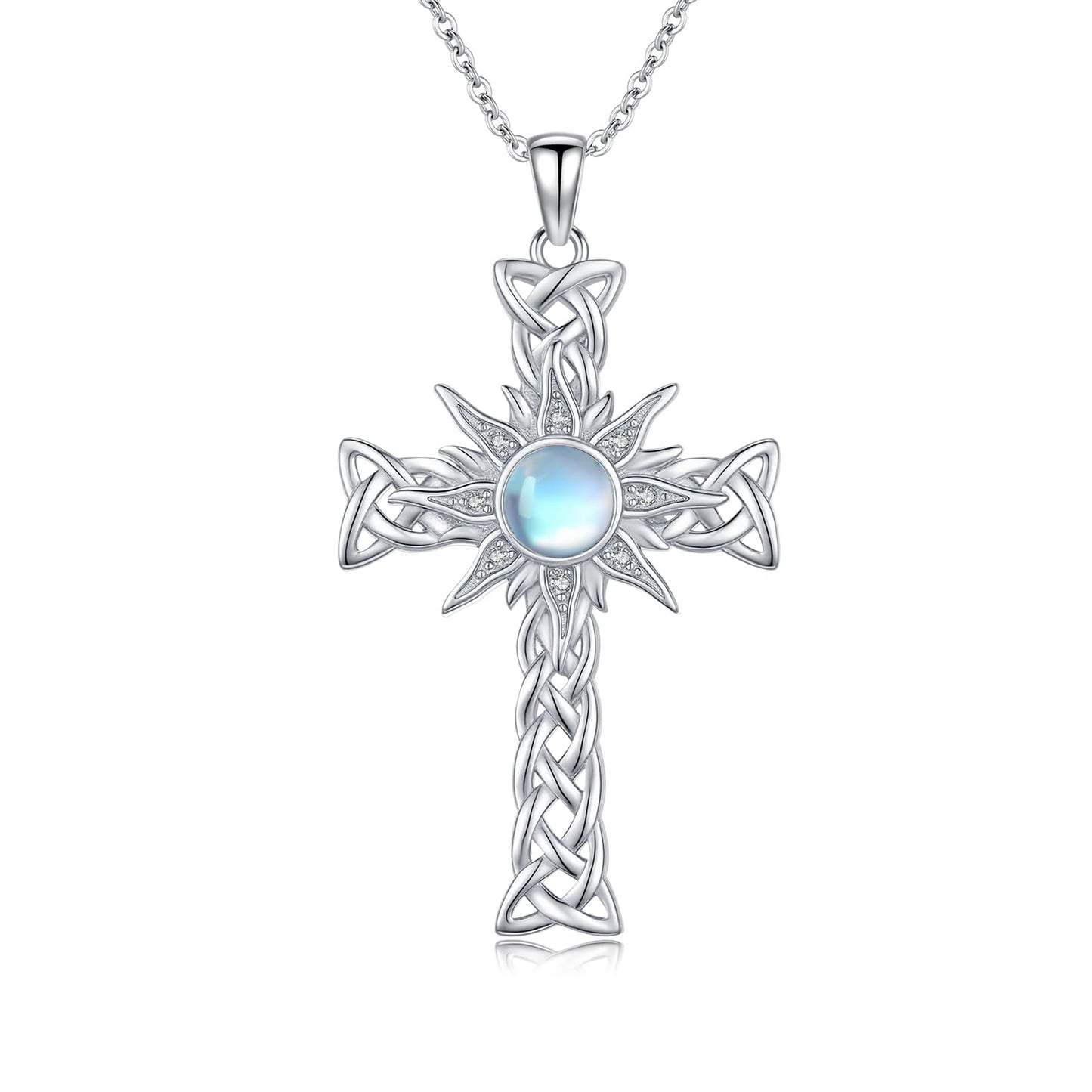 YEESIA Cross Necklace for Women 925 Sterling Silver Sun Crucifix Pendant Necklace Moonstone Celtic Cross Jewelry Mothers Day Gifts for Women Wife Sister