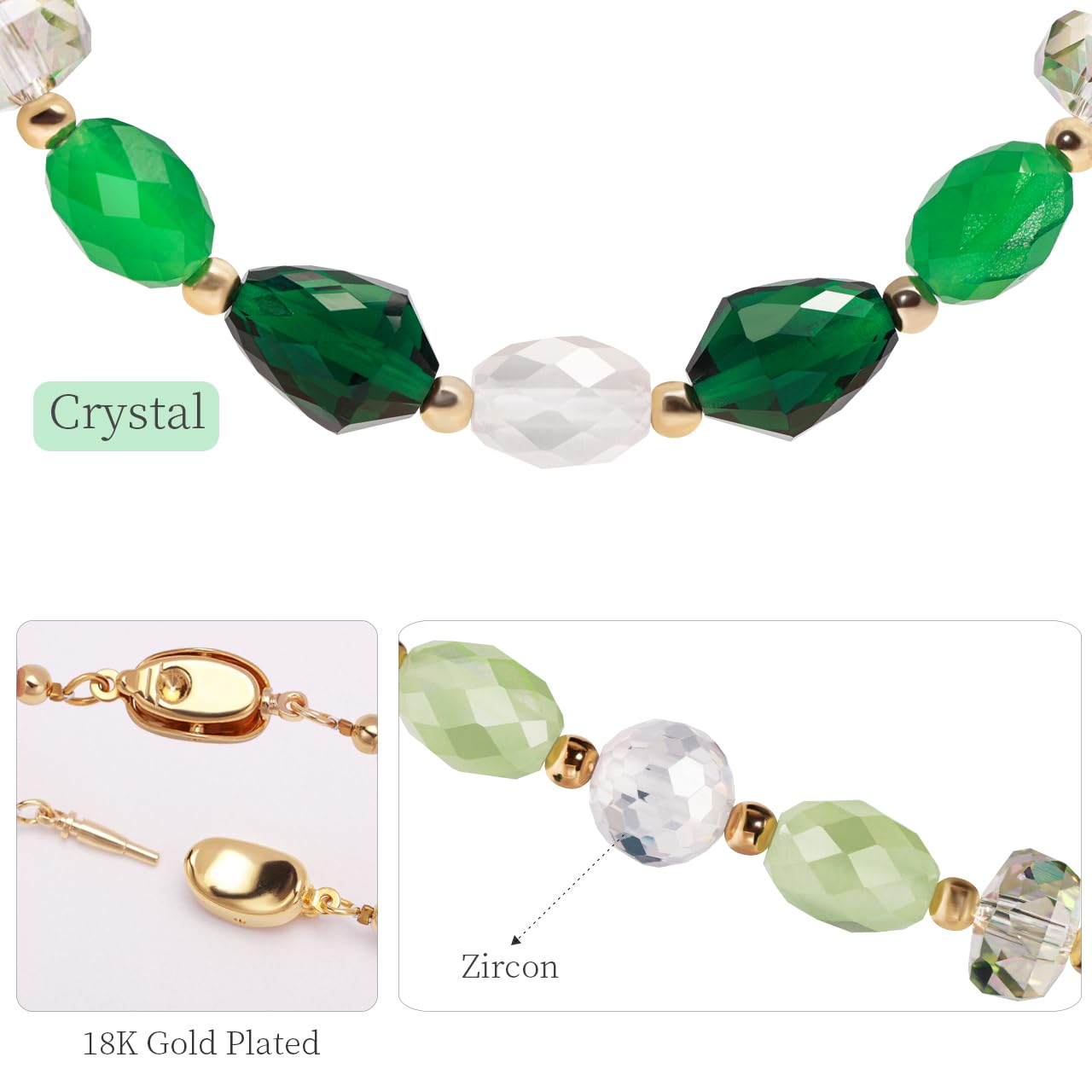 Gmissbabicoo Healing Crystal Necklace for Women Spiritual zircon Beads Handmade Cat Eye Gemstone with 18k Golden Plated Green Crystals Stones Beaded Necklaces with Jewelry Box