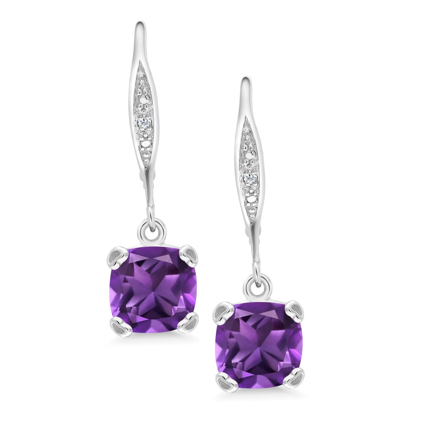 Gem Stone King Drop Dangle Earrings For Women | 7MM Cushion Cut Gemstone Birthstone and Diamond | 925 Sterling Silver | Jewelry Gift for Mom Wife Her | Amethyst-February | Sterling Silver