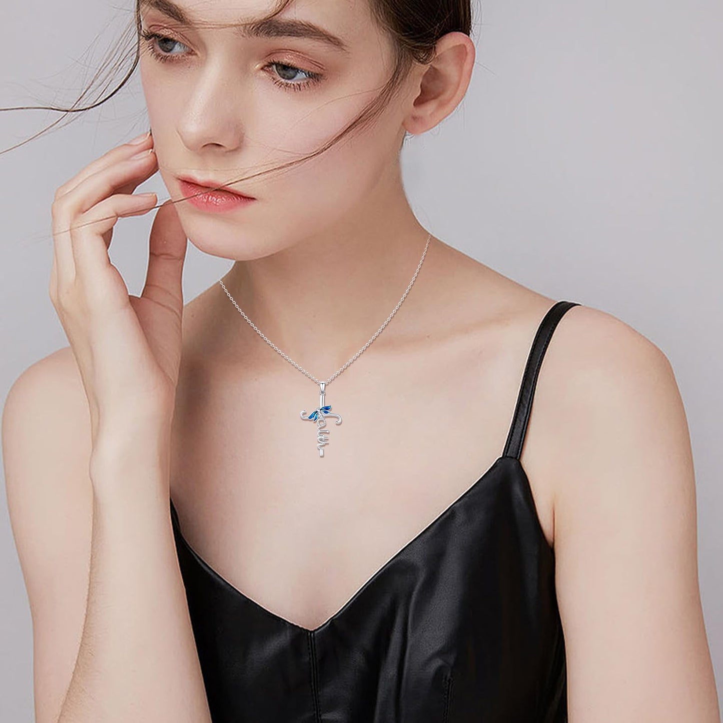 YEESIA Dragonfly Necklace for Women 925 Sterling Silver Faith Cross Necklaces Dragonfly Cross Pendant Religious Jewelry Graduation Birthday Gifts for Women