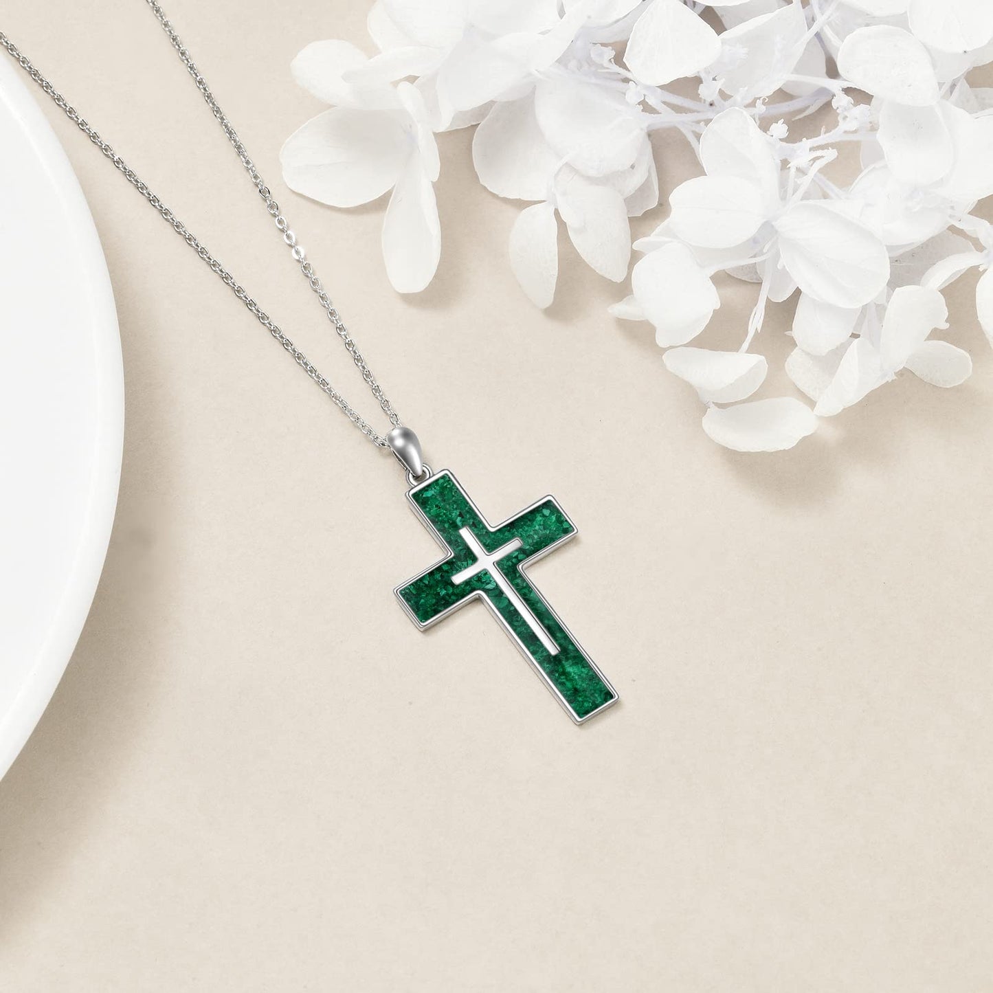 YFN Cross Necklace Sterling Silver Green Malachite Cross Pendant Religious Jewelry Gifts for Women Men