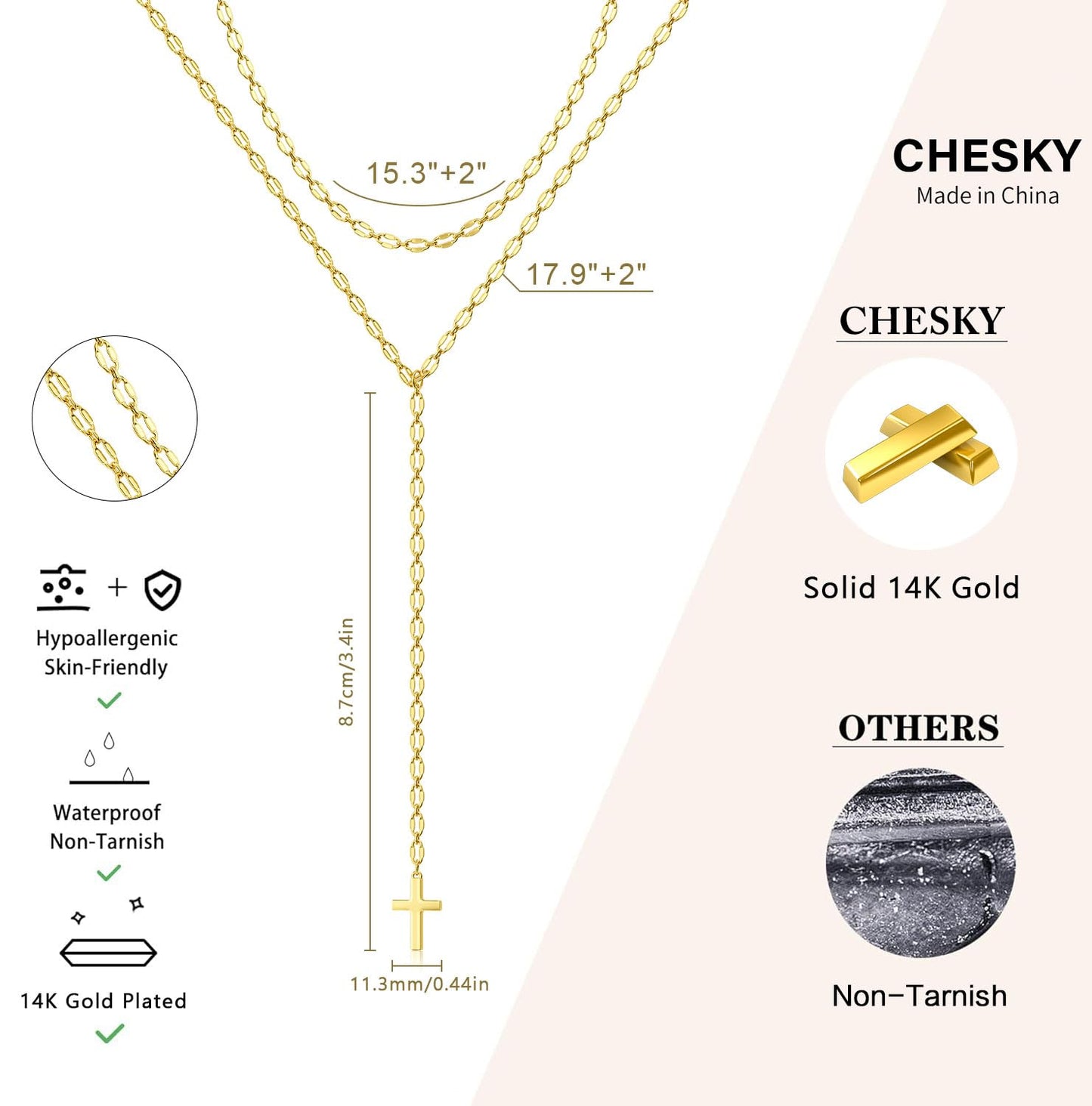 CHESKY 14K Gold Plated Cross Necklace for Women Trendy, Dainty Long Layered Necklace for Womens Non Tarnish Y-Shaped Lip Chain Pendant Necklace Sets Gold Jewelry Gifts