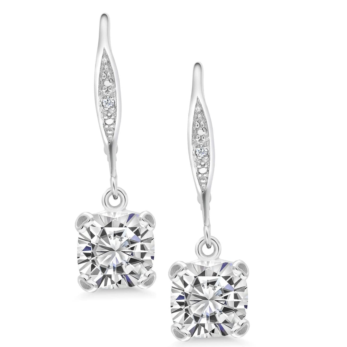 Gem Stone King Drop Dangle Earrings For Women | 7MM Cushion Cut Gemstone Birthstone and Diamond | 925 Sterling Silver | Jewelry Gift for Mom Wife Her | White Moissanite-April | Sterling Silver