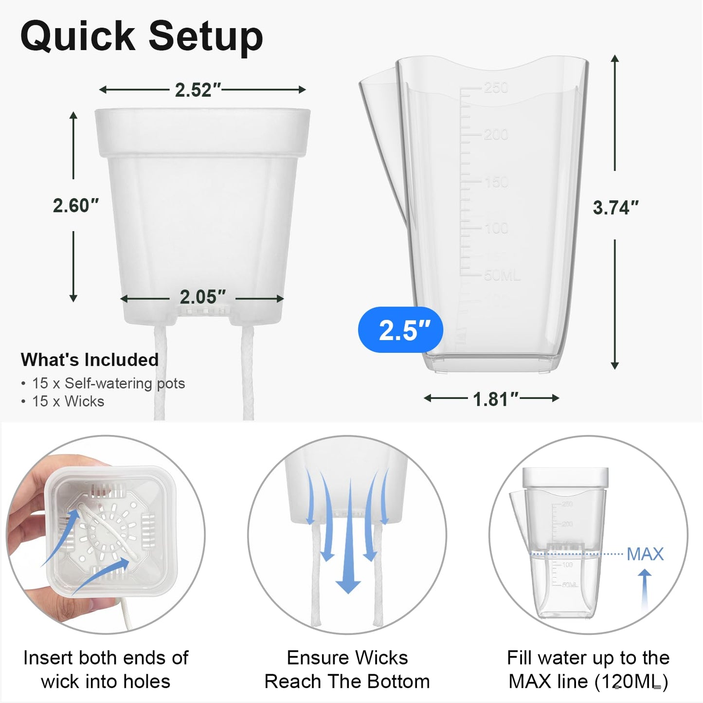 15-Pack 2.5 Inch Mini Self Watering Pots for Indoor Plants, Semi Hydroponic Pots, Small Clear Plastic Planters, Drainage Hole, Water Level Indicator, African Violets, Alocasia, Cutting, Seeding