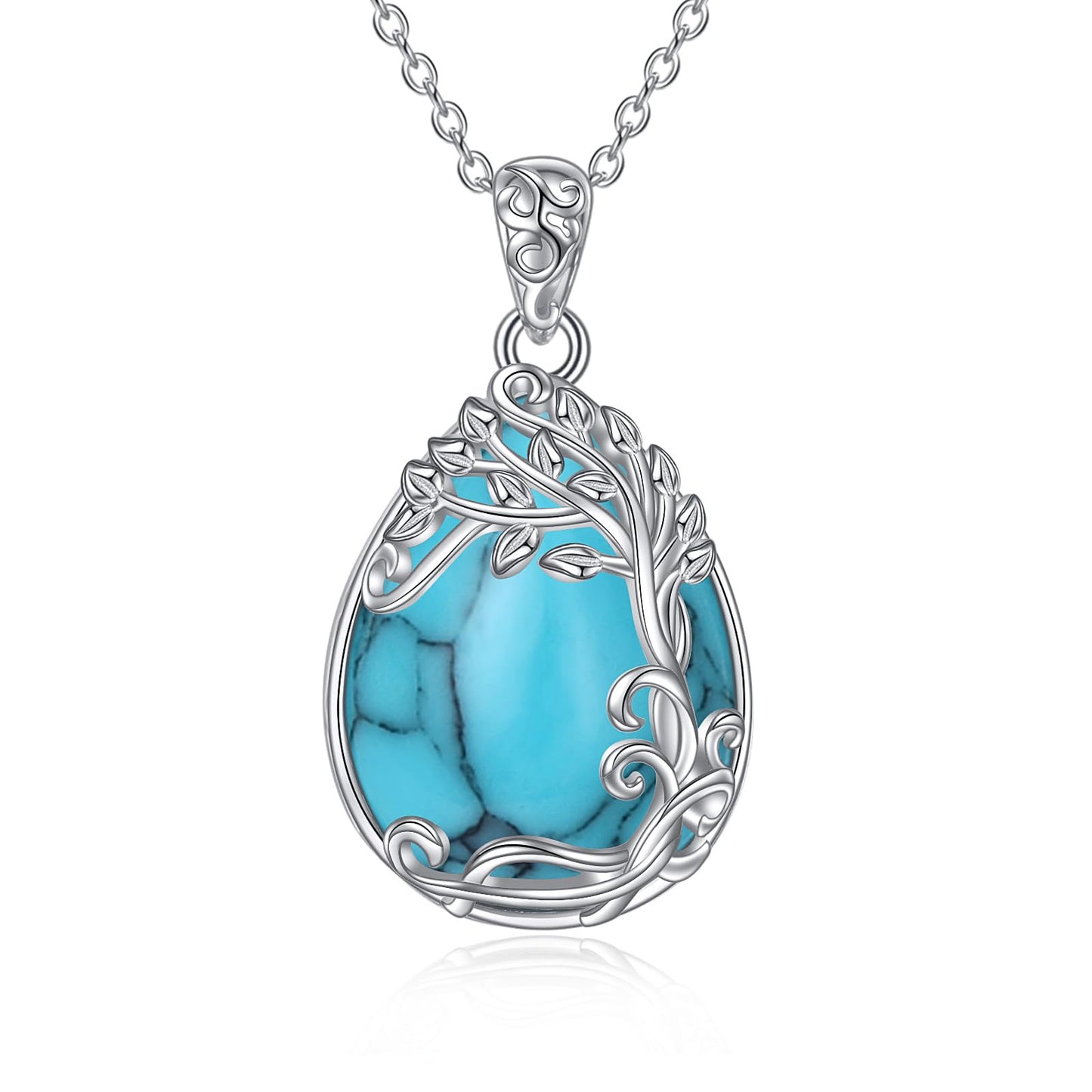 YAFEINI 925 Sterling Silver Turquoise Necklace Tree of Life Teardrop Pendant Necklace Turquoise Jewelry for Women (OO-Tree of Life Turquoise Necklace)
