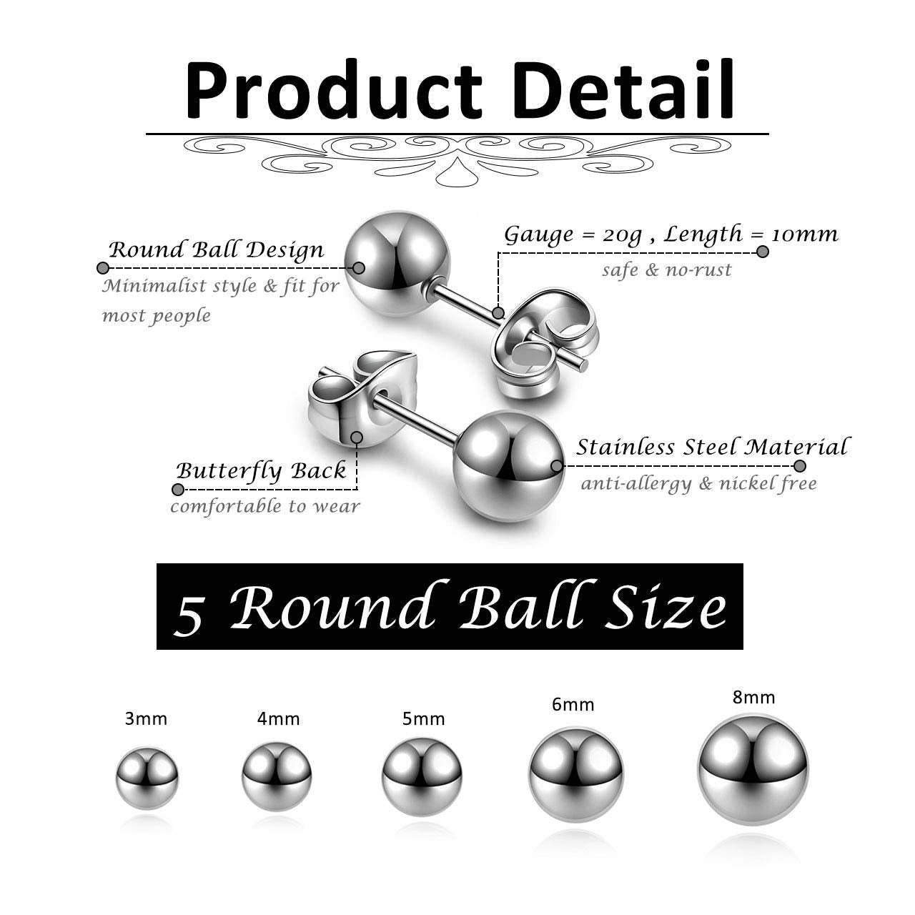 Top Plaza 10Pcs Hypoallergenic Stainless Steel Round Ball Earrings for Women Men Studs Earring Set 3mm-8mm(Gold)
