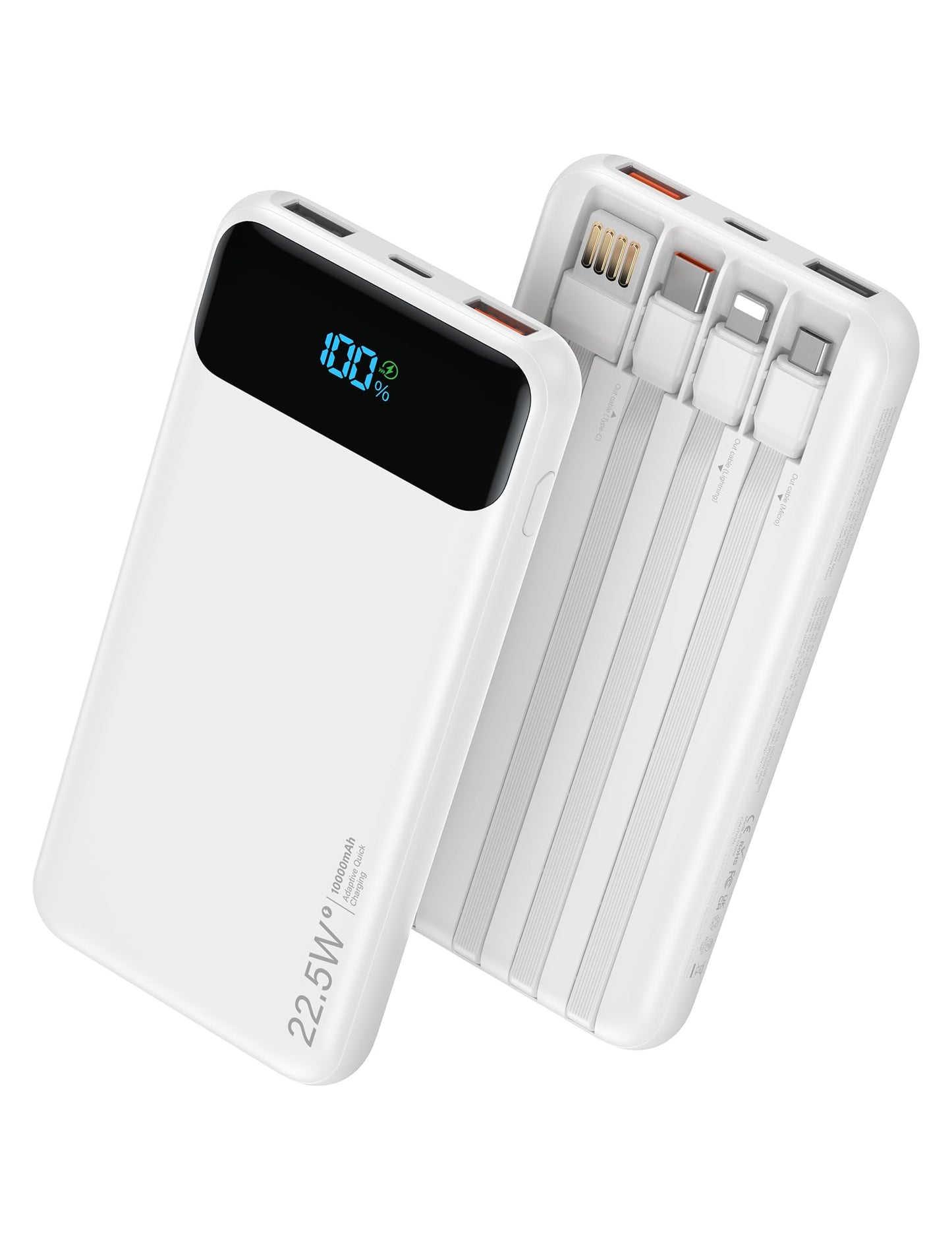 Portable Charger, 10000mAh 22.5W Fast Charging Power Bank with 4 Built-in Cables, Travel Essentials Battery Pack with LED Display, 6 Outputs Charging Bank Compatible with iPhone, iPad, Samsung White