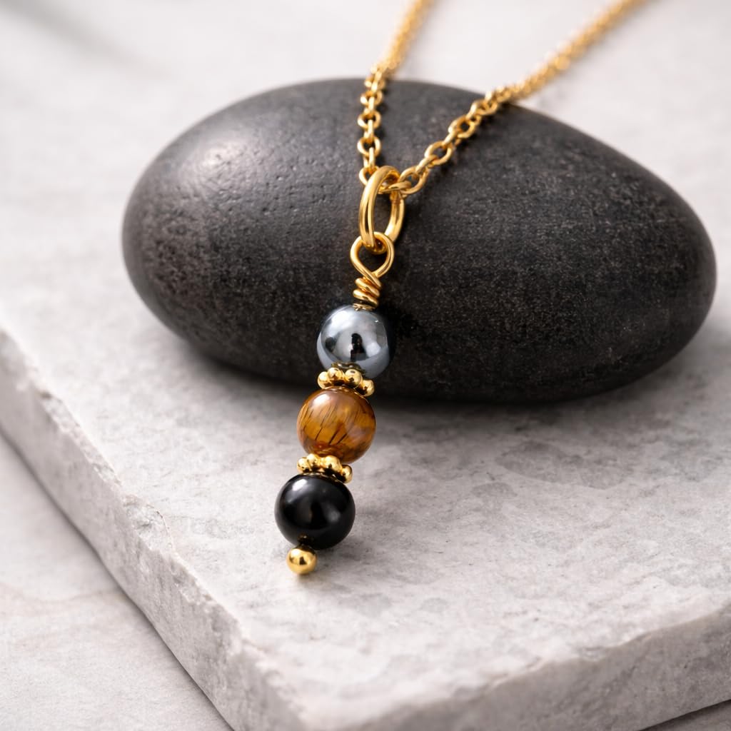 EnCharmed Gold Tone Triple Protection Necklace, Handmade Healing Jewelry for Luck Prosperity Happiness, Natural Hematite Tiger Eye and Black Obsidian Pendant, Spiritual Gift for Men or Women