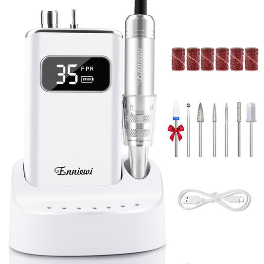 Enniewi Electric Nail Drill File, Professional Portable Nails Drills Kit with Rechargeable Base 7 uñas Bits, Cordless Efile for Poly Gel Acrylic Nails Remover Home Salon Pedicure Manicure Tool, White