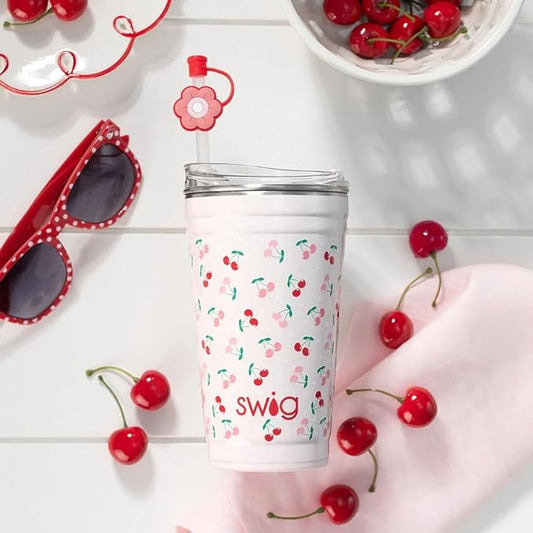 Swig Life 24oz Party Cup, Stackable Insulated Travel Coffee Tumbler with EZ Slider Lid, Cup Holder Friendly, Stainless Steel 24 oz Tumbler, Reusable Coffee Mug (Cherry Pie)