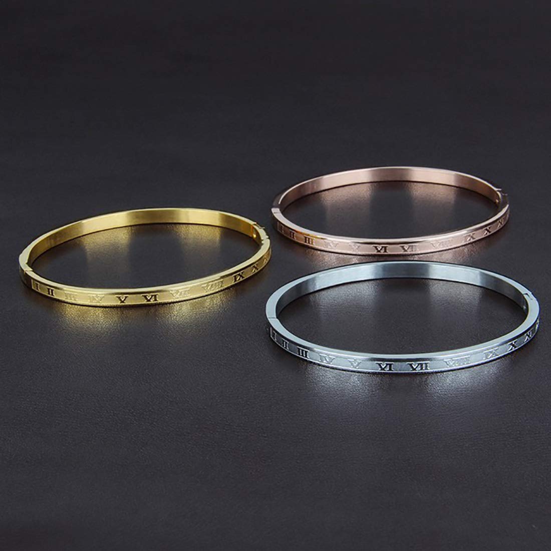 Jarlinwel Gold Silver Plated Bracelets for Men Women Roman Numeral Bangle Bracelet Stainless Steel Personalized Engraved Unisex Gift (4mm Womens 3 Color Set)
