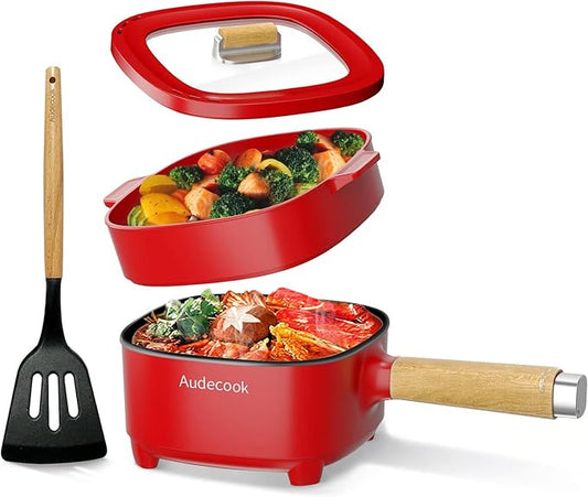 Audecook Hot Pot Electric 2L, Cermic Glaze Non-Stick Frying Pan 8 Inch, Portable Travel Cooker for Ramen/Steak/Fried Rice/Oatmeal/Soup, with Dual Power Control (Silicone Spatula Included)