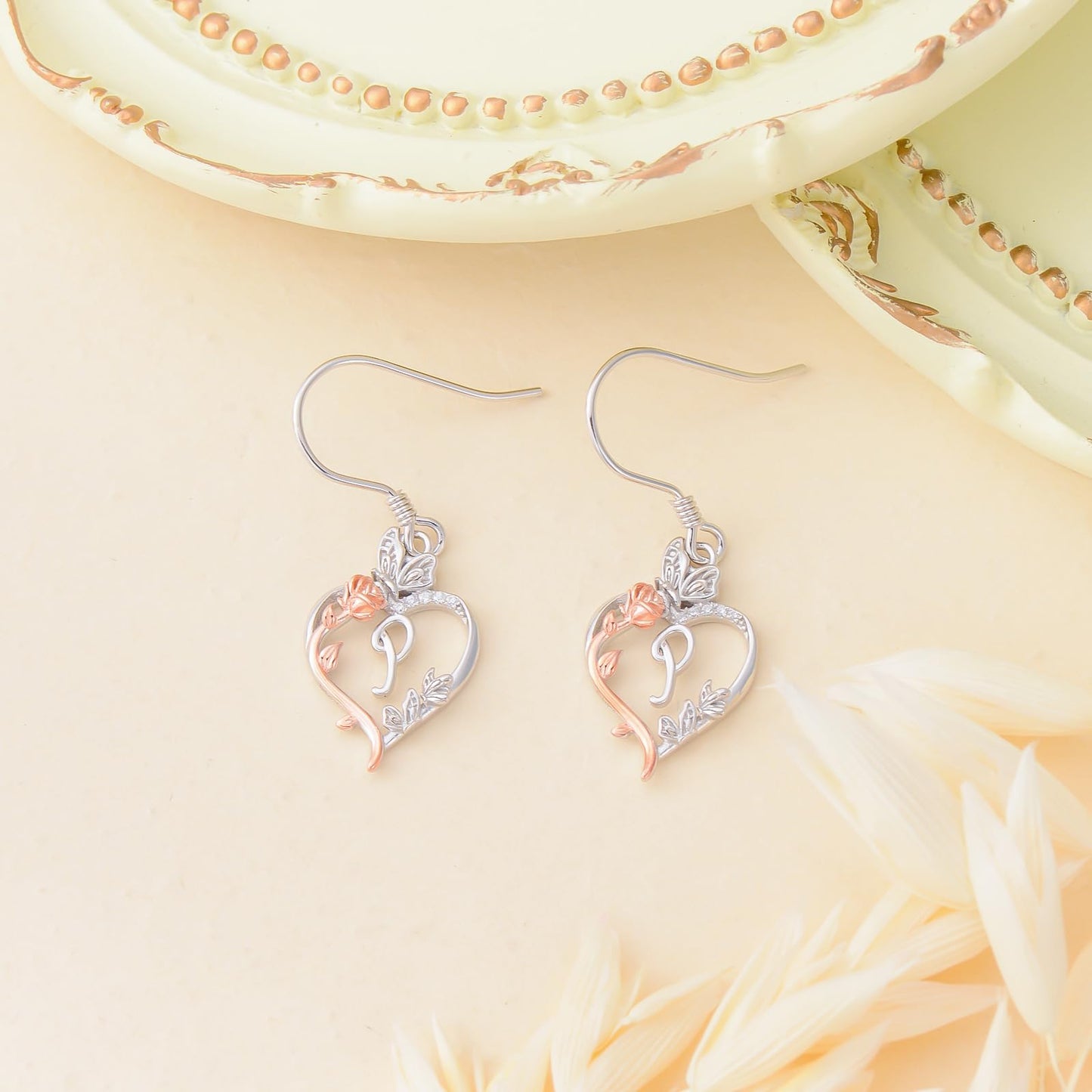 TOUPOP Rose Heart Initial Earrings Sterling Silver Butterfly Earring Initial P Letter Drop Dangle Earrings Jewelry Anniversary Birthday Mothers Day Gifts for Women Mom Wife Girlfriend Her