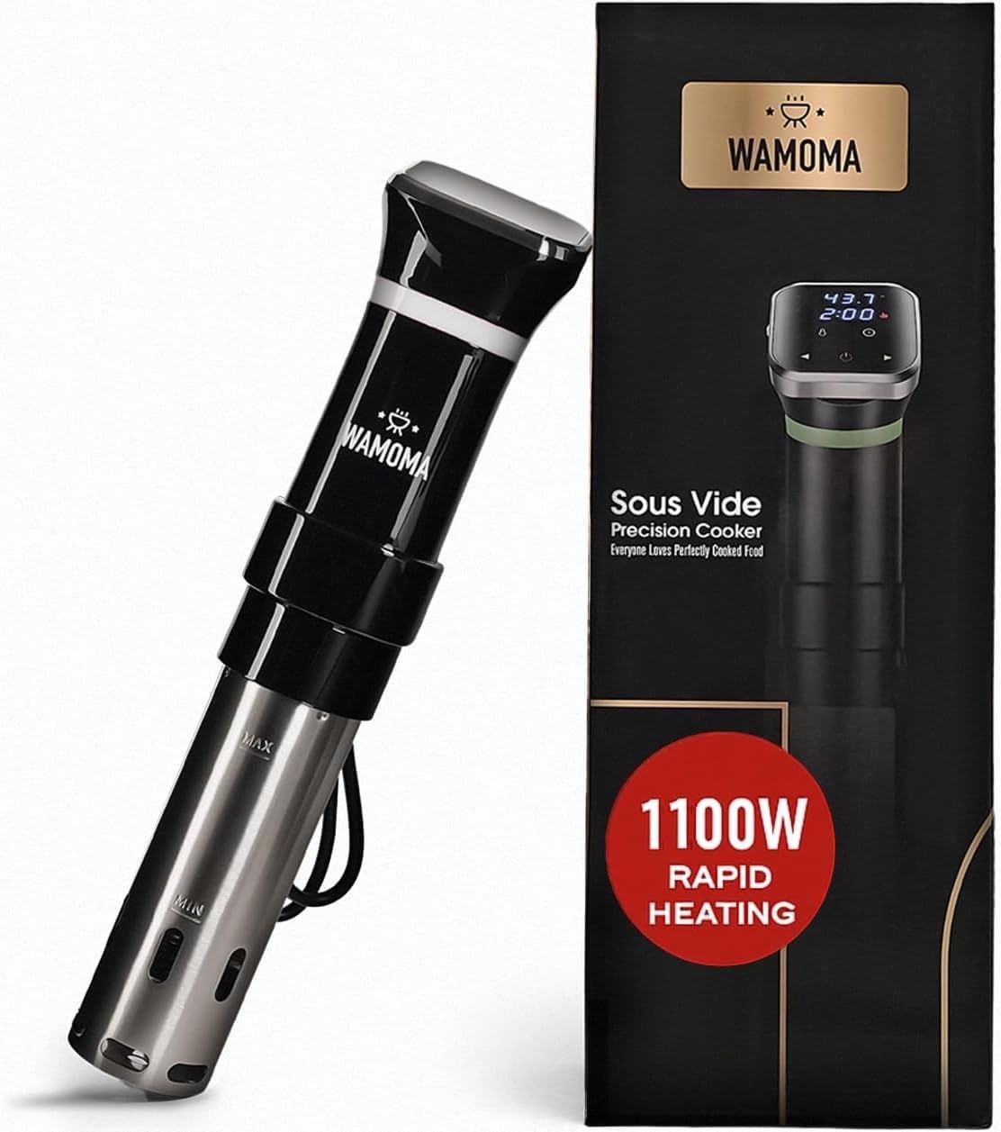 Wamoma Sous Vide - Precision Cooker with Immersion Circulator & Free Cookbook, 1100W Ultra-Quiet Motor, IPX7 Waterproof, Smart Chip Technology, Perfectly Cooked Meals, Universal Clip Design