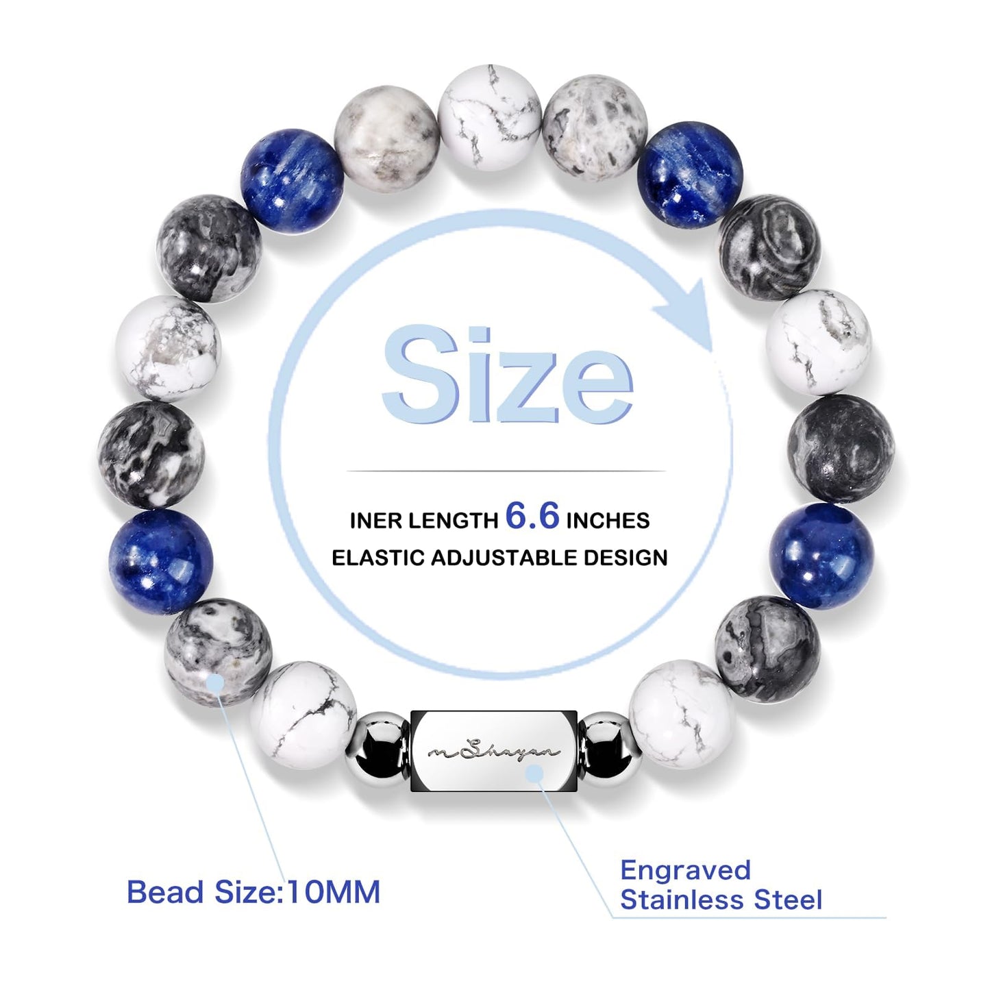 Howlite Natural Gemstone Bracelet for Men, Map Gemstone and Blue Vein Gemstone for Teens Gifts, 10MM Men's Elastic Adjustable Beaded Bracelets for Men, Handcrafted Gifts For Anniversary,Christmas.
