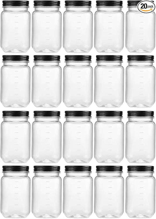 novelinks 16 oz Clear Plastic Jars with Lids, Refillable 16oz Mason Jars with Lids & Storage Containers for Kitchen & Household Use (20 Pack,Black)