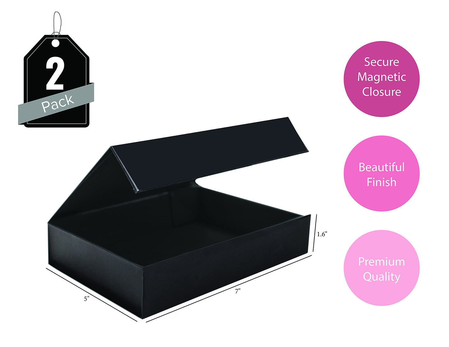 2 Pack Black Hard Gift Box with Magnetic Closure Lid 7" x 5" x 1.6" Rectangle Boxes For Gifts With Black Glossy Finish (Black, 2 Boxes)