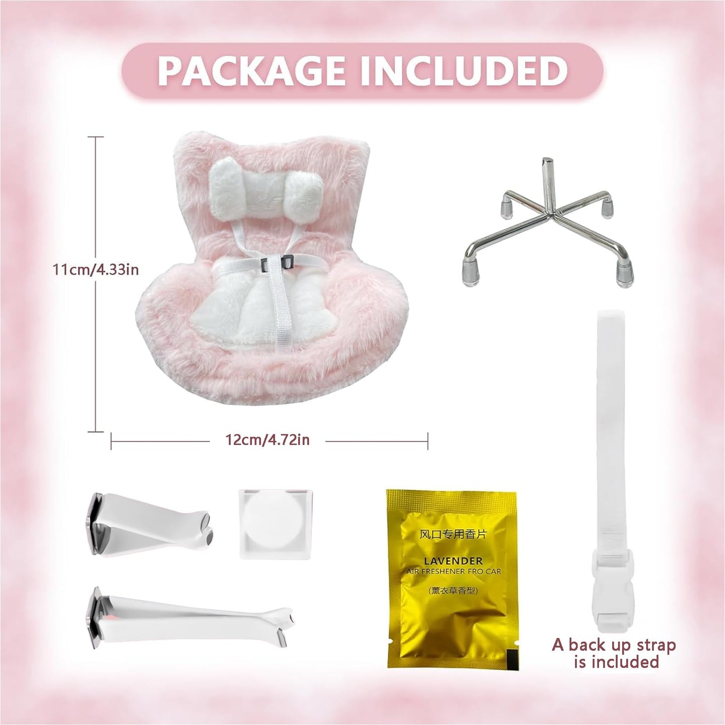 SwiftServ Doll Car Seat for 3–8 inch Figures, Fits Character Plushes, Blind Box Dolls & Vinyl Collectibles, Includes Air Vent Clip & Desktop Stand, Car Ornament for Collectors (Strawberry Ice Cream)