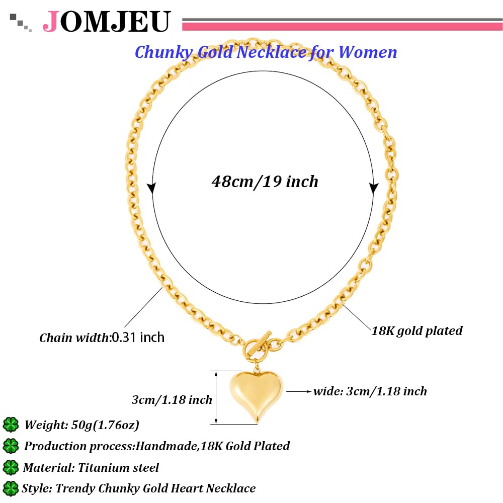 jomjeu Chunky Gold Necklace for Women 18K Gold Plated Heart Necklace Classic Trendy Pendant Gold Necklaces Jewelry Gifts for Women