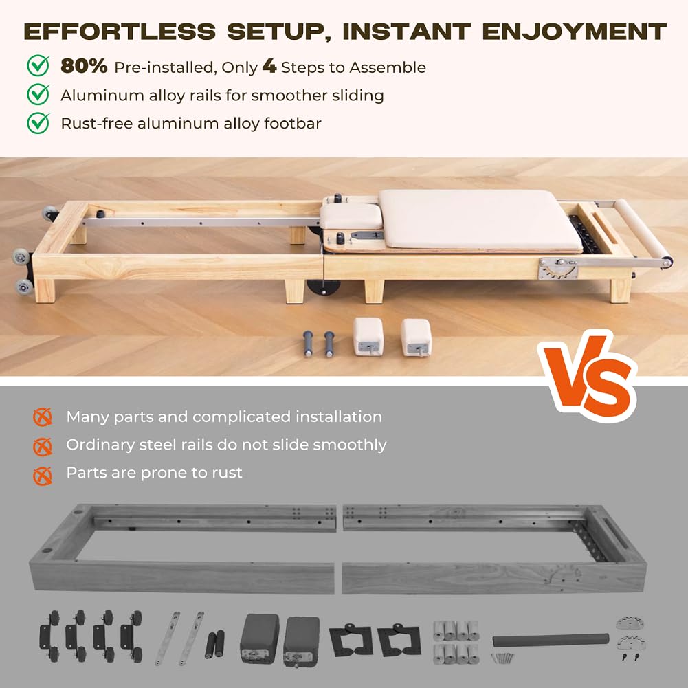 Pilates Reformer Machine, Quick-Assembly Foldable Studio Grade Pilates Equipment for Gym and Home, Oak Wood Pilates Reformer with Reformer Accessories