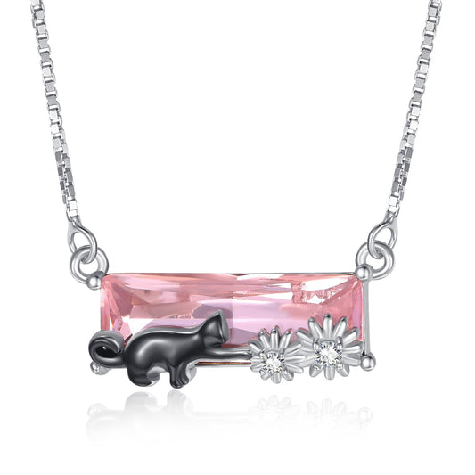 AENEAS Black Cat Necklace Sterling Silver Cute Animal Pendant Pink Crystal Birthday Jewelry Pet Daisy Gifts for Women Wife Her