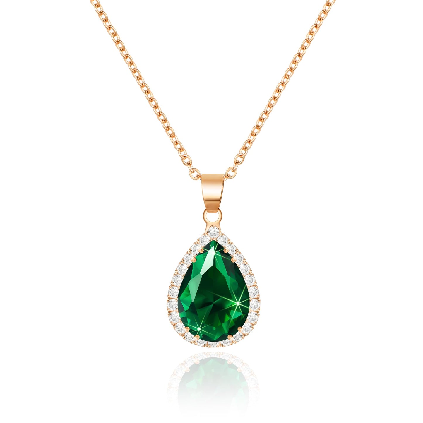 Linawe Emerald Crystal Chain Necklace for Women Trendy Rose Gold, Green Imitation Diamond Pendant Cubic Zirconia Birthstone Rhinestone Teardrop, Preppy Boho Jewelry