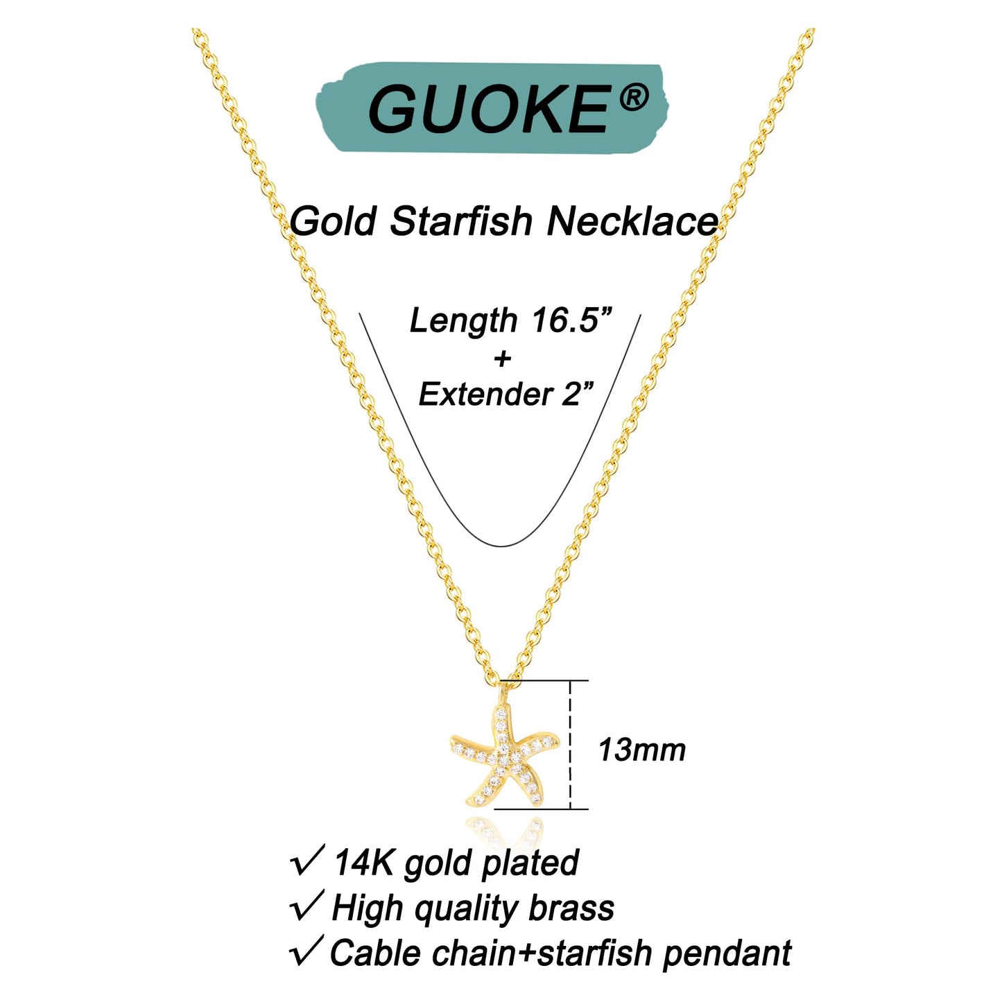 GUOKE Starfish Necklaces - 14K Gold Plated Sea Starfish Necklace Gold Star Fish Simple Dainty Jewelry for Women