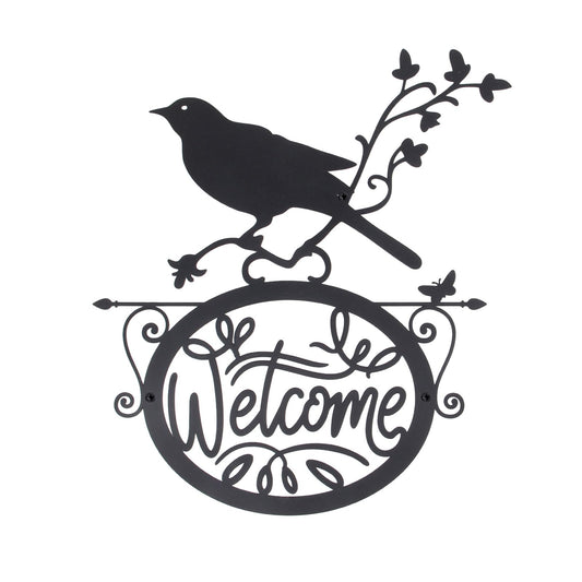 AIM & GGKK Welcome Sign Wall Decor - Black Metal Welcome Wall Art with Bird and Floral Design, Vintage Front Door Decoration for Porch, Entryway