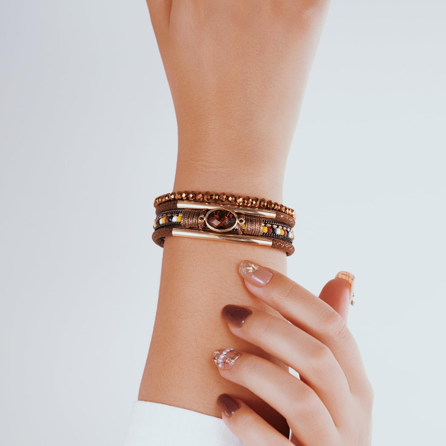 Becklynn Boho Leather Wrap Bracelets Beaded Crystal Stackable Cuff Bracelet with Magnetic Clasp Cowboy Cowgirl County Concert Outfits Western Jewelry Gifts for Women(Crystal Brown)