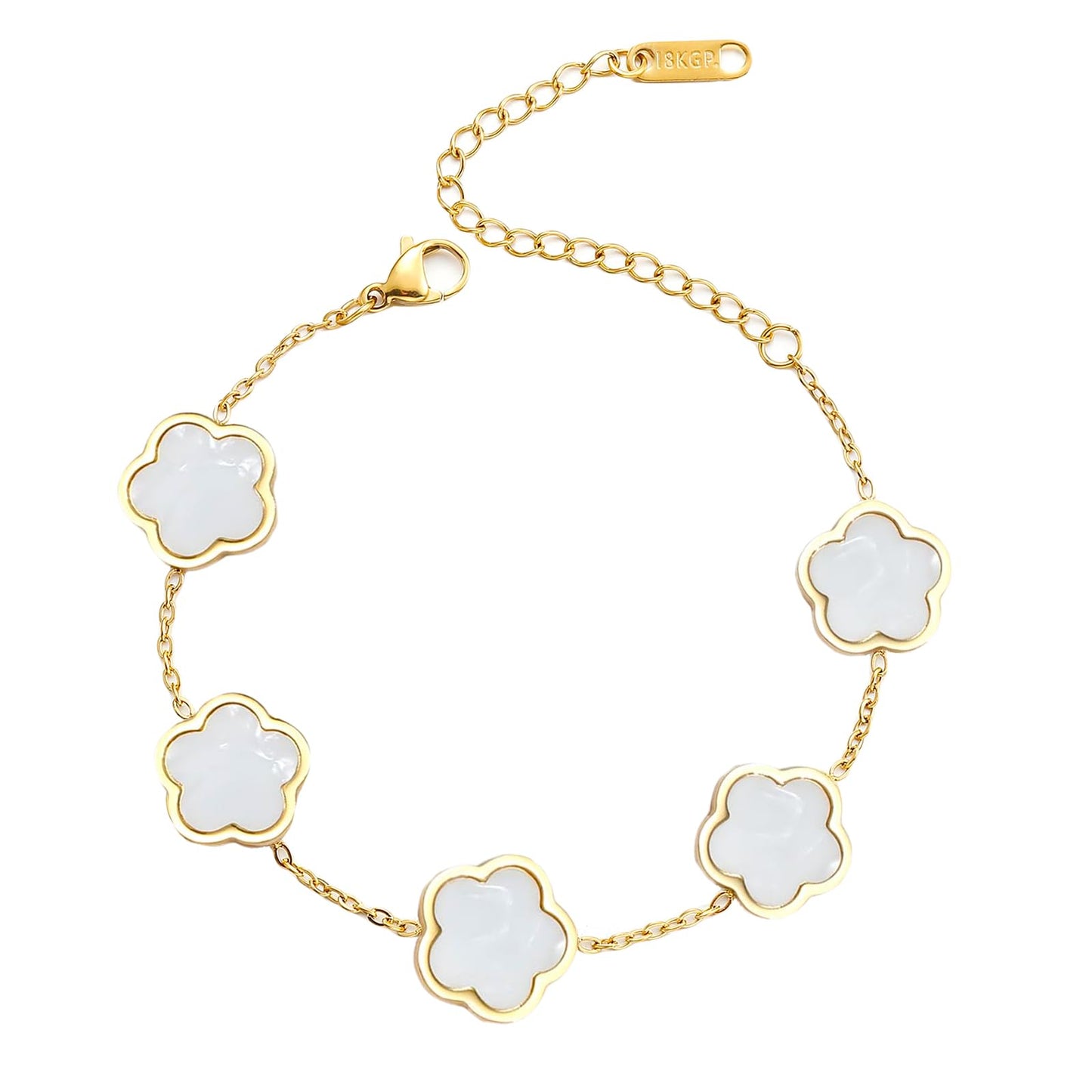 Eclatienne Four Leaf Clover Bracelet for Women – 18K Gold Plated Stainless Steel Lucky Bracelet, Adjustable 4 Leaf Charm Jewelry Gift (White Floral)