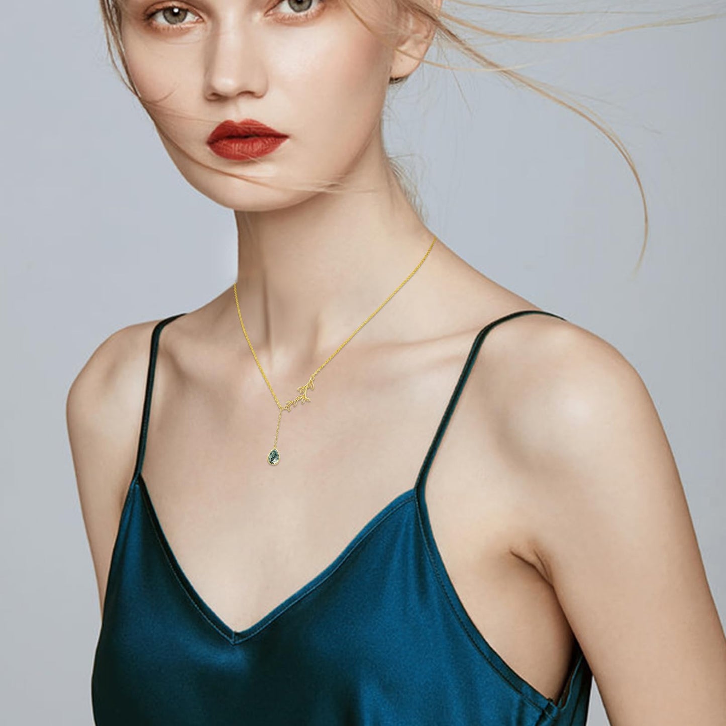 Silikepa Leaf Necklace for Women 925 Sterling Silver Gold Leaf Pendant Necklace Y Chain with Moss Agate Jewelry Gifts for Women